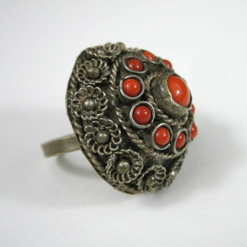 Vintage Silver Tone Ring Floral Glass Adjustable Fit Artisan Statement Size 6
